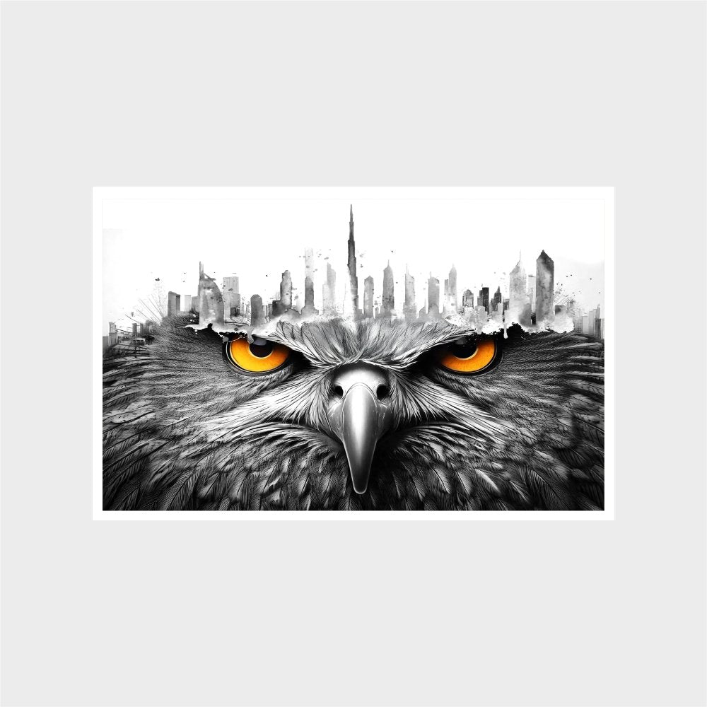 Falcon with Dubai skyline art – Bold Wildlife and Cityscape ArtJasmine Arts