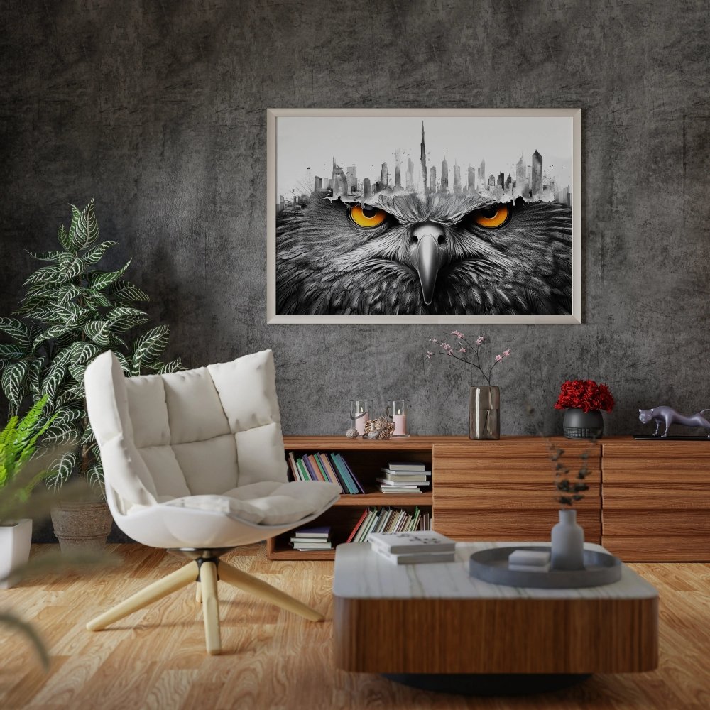 Falcon with Dubai skyline art – Bold Wildlife and Cityscape ArtJasmine Arts