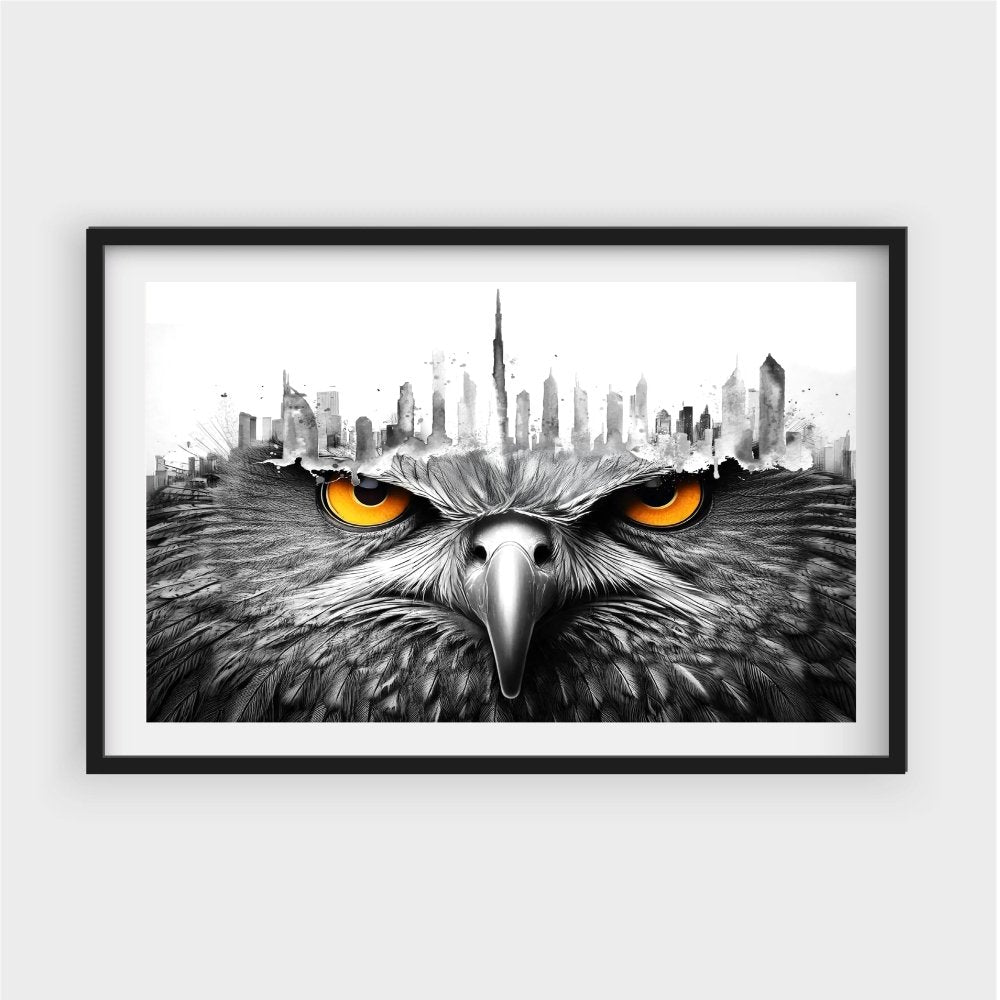 Falcon with Dubai skyline art – Bold Wildlife and Cityscape ArtJasmine Arts