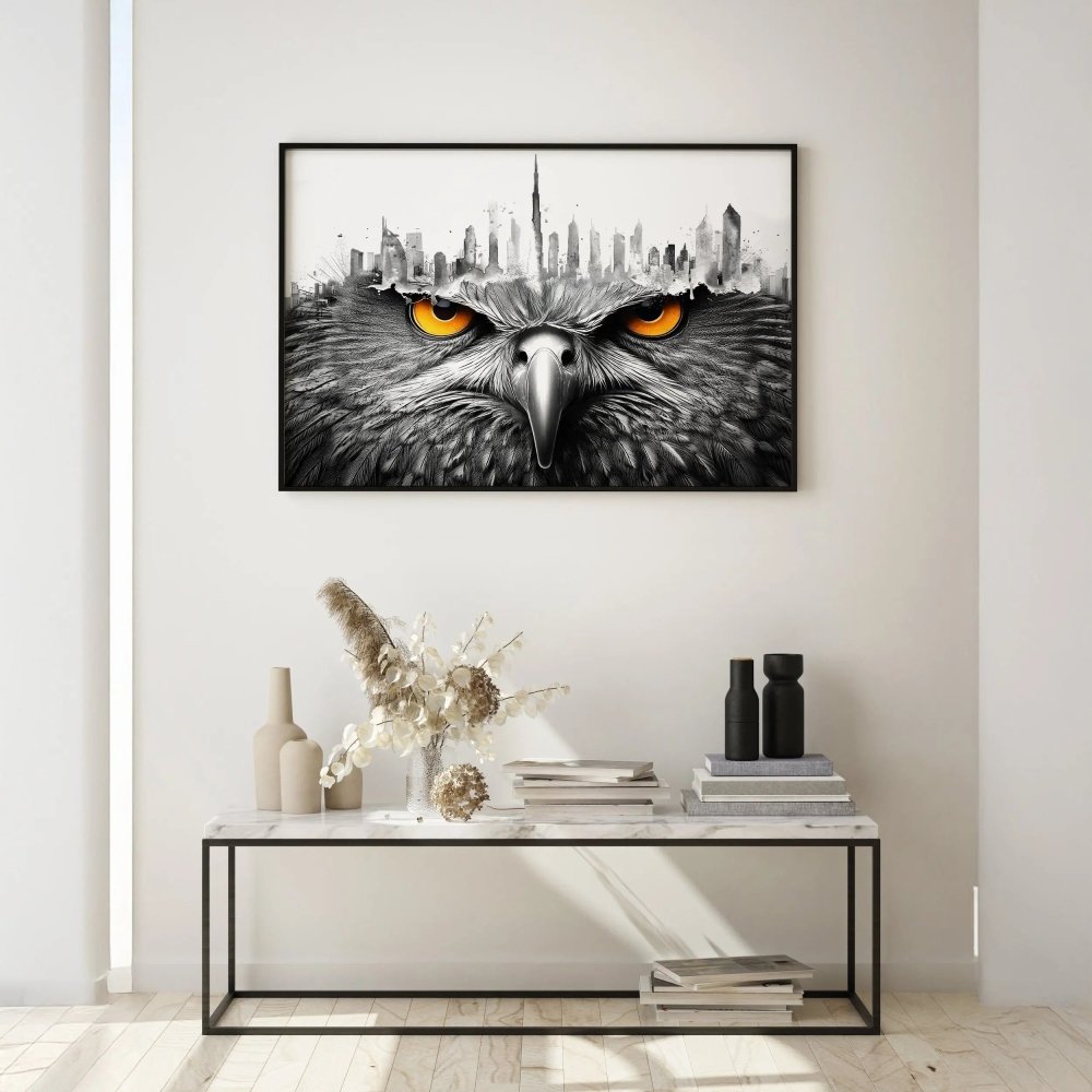 Falcon with Dubai skyline art – Bold Wildlife and Cityscape ArtJasmine Arts